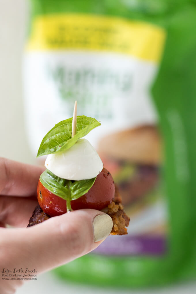 Tomato Basil Mozzarella Black Bean Burger Bites are a savory & delicious recipe perfect for the tailgating season. They are so easy to make with MorningStar Farms® Spicy Black Bean Burgers! (vegetarian) #TailgateWithATwist #SeasonalSolutions #CollectiveBias #ad