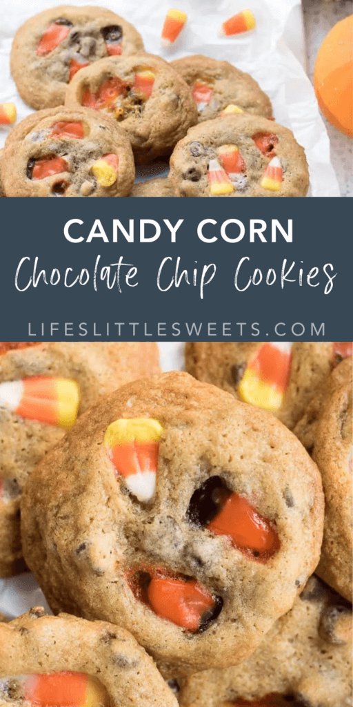 candy corn chocolate chip cookies with text overlay