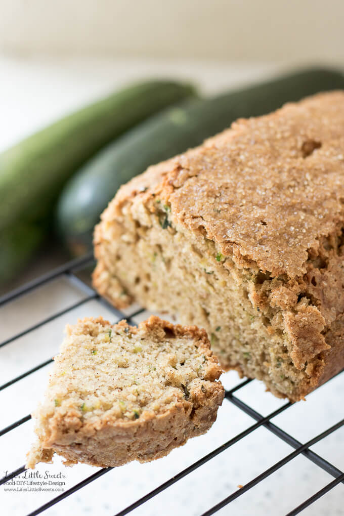 This Homemade Zucchini Bread Recipe is moist and filled with 1 cup of shredded zucchini. This delicious, quick bread has crunchy Demerara sugar on the top and it makes a great snack (makes 1 loaf).