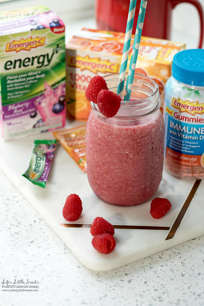 This Blueberry-Açai Slushie with Fresh Raspberries has Emergen-C® Energy+ Blueberry-Açai, making it a tasty and delicious way to add to your wellness routine. Only 4 ingredients and less than 5 minutes to prepare! (gluten-free) #FallImmuneSupport #CollectiveBias #ad #raspberries #slushie #ice #fruit
