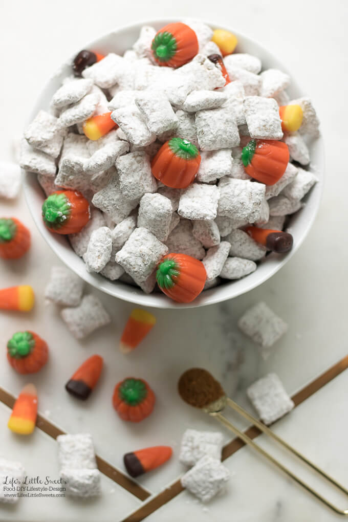 Homemade Pumpkin Spice Muddy Buddies are the perfect Fall snack for Halloween, after sports practices, entertaining or any gathering. It has rice Chex cereal, infused with pumpkin spice mixture and topped with Autum-themed Mallowcreme candies.