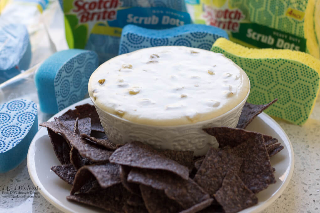 Slow Cooker Queso Blanco Dip is the perfect, savory and satisfying appetizer for any gathering. Enjoy this tasty, cheesy dip with your favorite tortilla chips or pita bread. I show how Scotch-Brite® Scrub Dots Sponges and Dishwand make for easy clean up with your slow cooker! #ScrubWithDots #CollectiveBias #ad