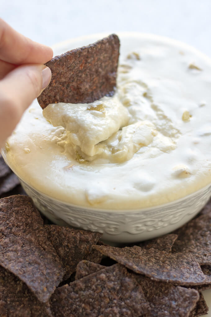 Slow Cooker Queso Blanco Dip is the perfect, savory and satisfying appetizer for any gathering. Enjoy this tasty, cheesy dip with your favorite tortilla chips or pita bread. I show how Scotch-Brite® Scrub Dots Sponges and Dishwand make for easy clean up with your slow cooker! #ScrubWithDots #CollectiveBias #ad