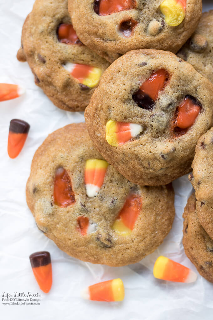 Candy Corn Chocolate Chip Cookies is a sweet and festive way to celebrate Halloween and Fall time - classic chocolate chip cookies topped with colorful candy corn. If you have a bunch of candy corn after the holidays this is a great way to use it up!