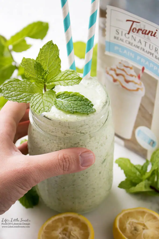 Lemon Mint Frappé is an frozen, refreshing, sweet and tart drink that will make your taste buds happy. This recipe uses Torani Real Cream Plain Frappé Mix. #MyToraniFrappe #CollectiveBias #ad #drink #mint #lemon #freshmint #Torani #frappe #ice 