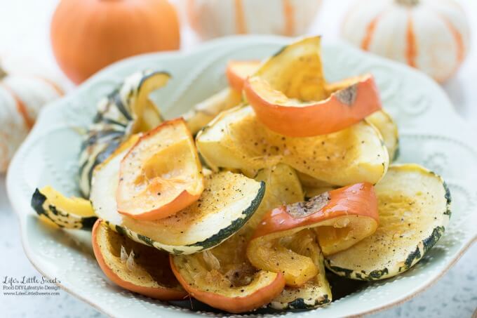 Rustic Oven Roasted Mini Pumpkin Squash is an easy Fall-inspired recipe, with minimal ingredients that takes minutes to prepare and can be made to taste savory or sweet. Enjoy this pretty side dish at the holiday or dinner table (vegan, gluten-free). #pumpkin #sweet #savory #roasted #baked #cinnamon #minipumpkins #squash