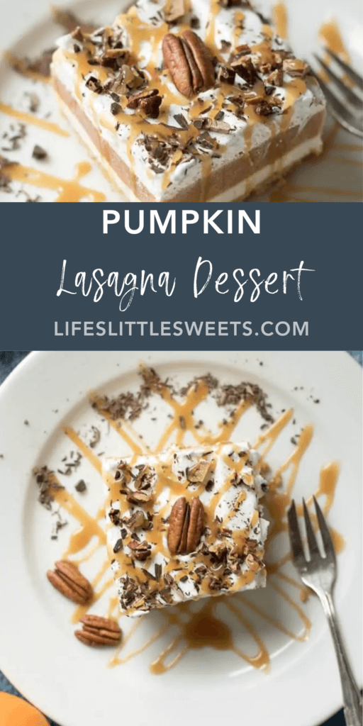 pumpkin lasagna dessert with text overlay
