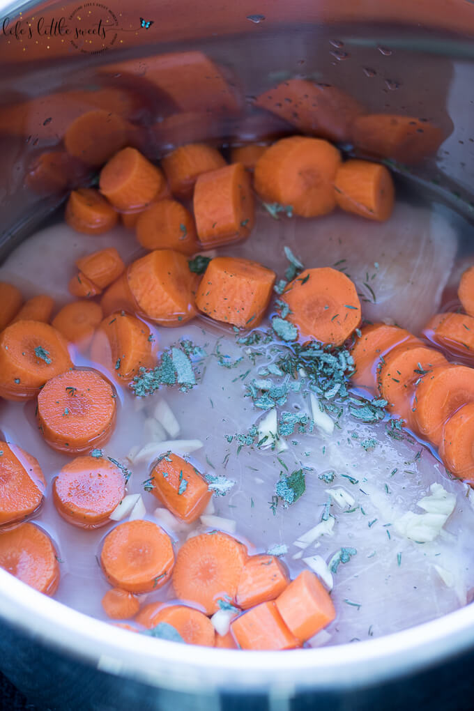 This Instant Pot Chicken Carrots Brown Rice Dinner is a savory, hearty and healthy meal. Made with boneless, skinless chicken (breasts or thighs), garlic, sliced carrots and brown rice with simple seasonings and optional celery. #instantpot #pressurecooker #chicken #rice #brownrice #carrots #celery #garlic #herbs #onion #diner #meal