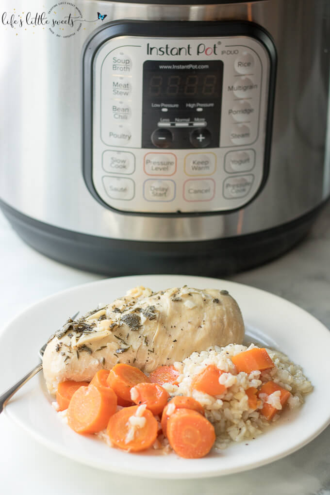 This Instant Pot Chicken Carrots Brown Rice Dinner is a savory, hearty and healthy meal. Made with boneless, skinless chicken (breasts or thighs), garlic, sliced carrots and brown rice with simple seasonings and optional celery. #instantpot #pressurecooker #chicken #rice #brownrice #carrots #celery #garlic #herbs #onion #diner #meal