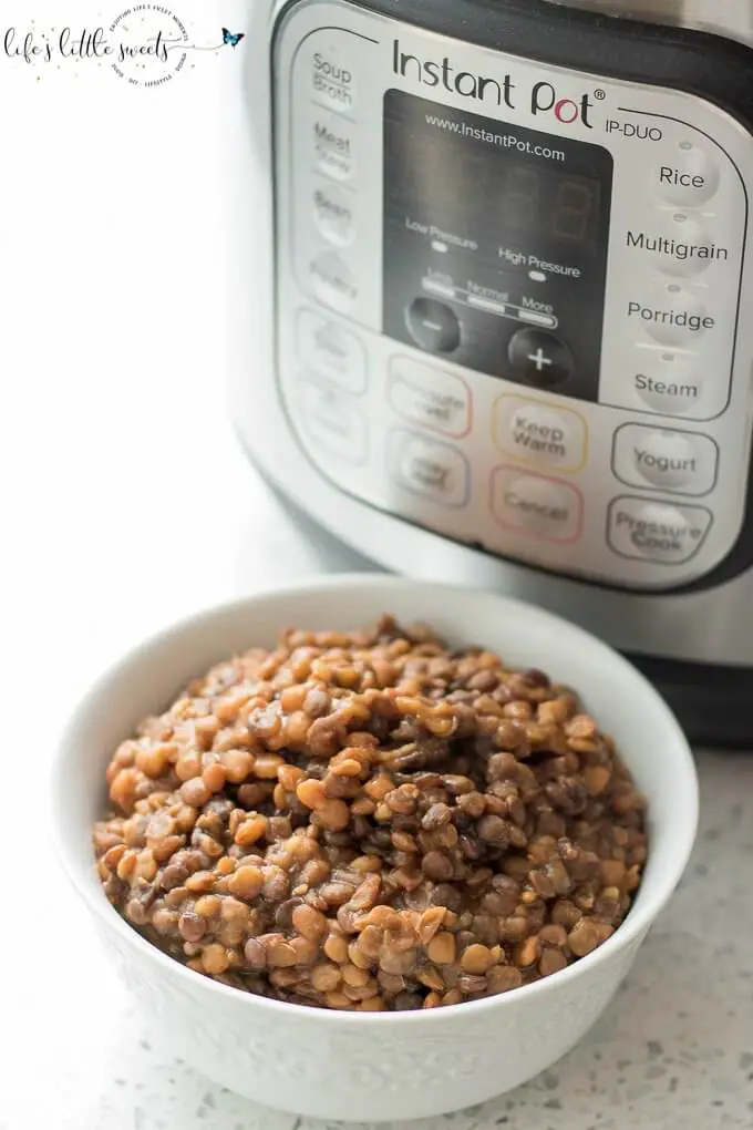 lentils in a white bowl with an instant pot