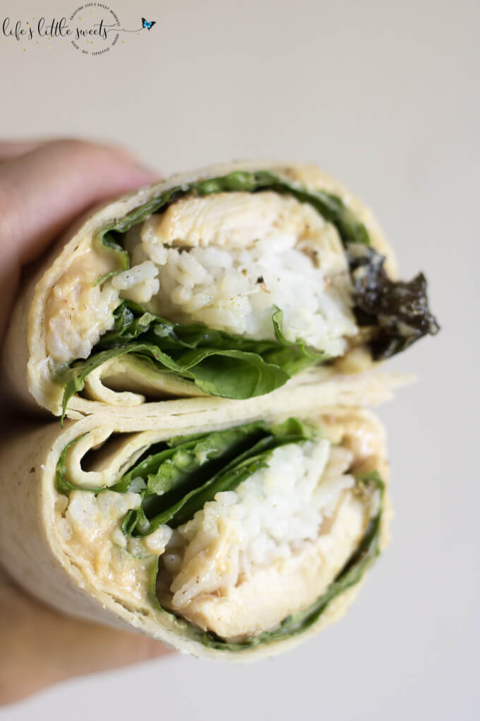 This Chicken Rice Hummus Wrap recipe is a perfect way to use up chicken leftovers and have a healthy, filling lunch at the same time. #chicken #rice #hummus #Romainelettuce #wrap #flourtortilla #sandwich