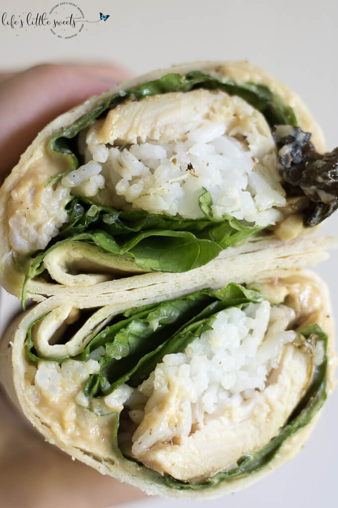 This Chicken Rice Hummus Wrap recipe is a perfect way to use up chicken leftovers and have a healthy, filling lunch at the same time. #chicken #rice #hummus #Romainelettuce #wrap #flourtortilla #sandwich