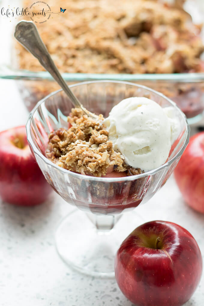 This Apple Blackberry Coconut Crisp recipe has fresh apples and blackberries with a cinnamon-brown sugar and coconut oatmeal topping. #apples #blackberries #dessert #crisp #fruitcrisp #fruit #berries #sweet #oats #coconut