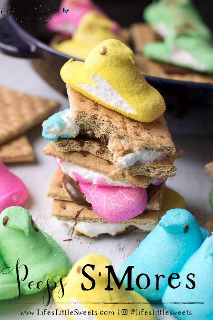 These Peeps S'Mores are the perfect Easter treat! They are a great way to enjoy those classic, favorite Easter marshmallow candies. You can make them in a skillet or in the microwave. #recipe #smores #chocolate #hersheys #skillet #microwave #Easter #Spring #candy #chocolate #marshmallow #sweet #dessert #snack
