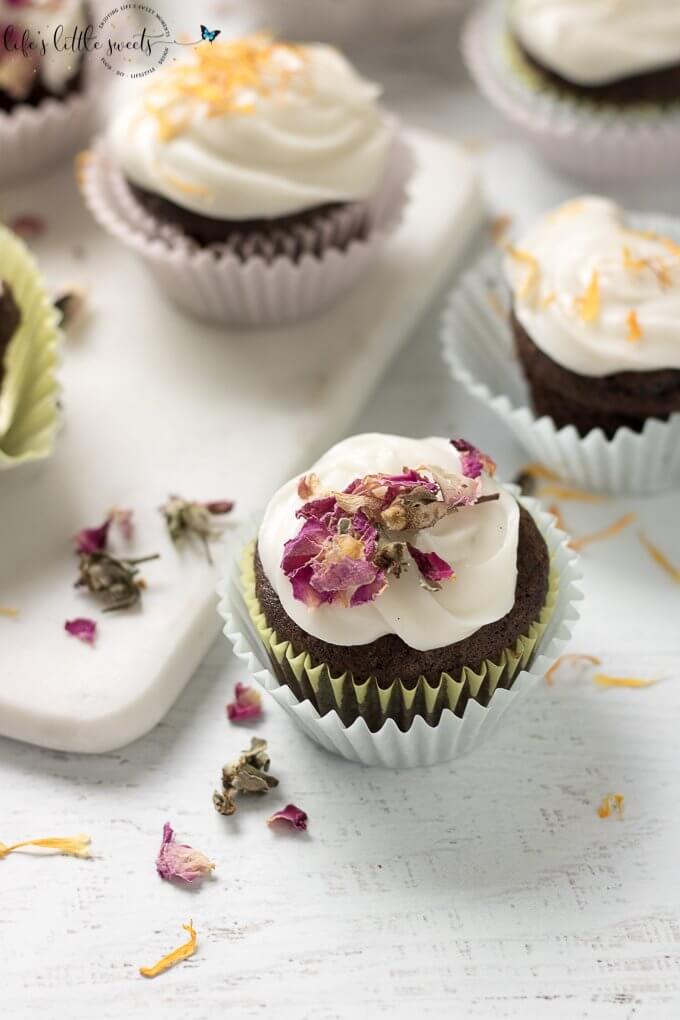 Dairy Free Chocolate Cupcakes are a dairy free version of your favorite dessert treat. Topped with dairy free yogurt frosting and optional edible dried flowers! #ProgressIsPerfection #CBias #CollectiveBias #ad @Walmart @LoveMySilk #cupcakes #edibleflowers #lavender #marigold #driedroses #roses #driedcornflower #cornflower #lactosefree #nondairy #chocolate #cake #almondmilk #recipe #sweet #dessert