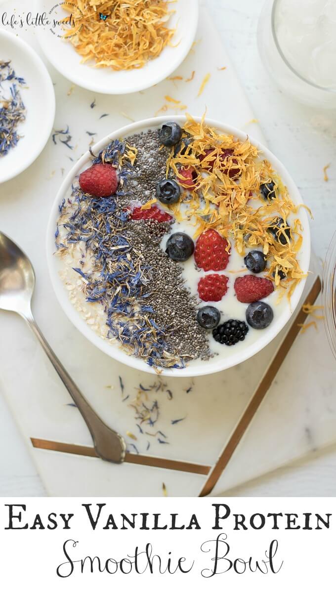 This Easy Vanilla Protein Fruit Smoothie Bowl has chia seeds, fresh cut fruit, quick oats and edible flowers. This breakfast treat uses Odwalla Protein Shake (15.2 oz.) - no blender required! (vegetarian, gluten-free) #ad #FreshCutSavings #CollectiveBias #vegetarian #glutenfree #chiaseeds #edibleflowers #marigold #cornflower #berries #smoothiebowl #breakfast #oatmeal