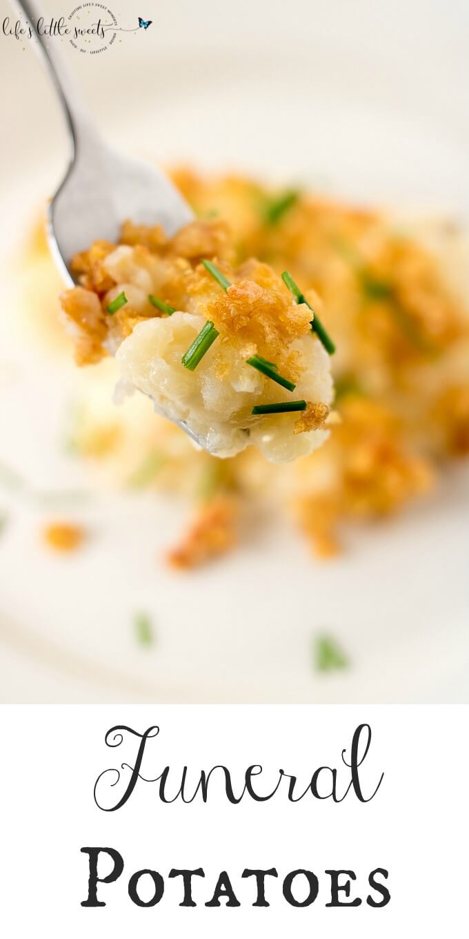 Funeral Potatoes are a cheesy funeral potatoes casserole recipe that feeds all your cravings. Perfect for any nights dinner, special occasions and any gathering with hungry stomachs. #funeralpotatoes #potatoes #chives #cheese #hashbrowns #cornflakes #casserole 