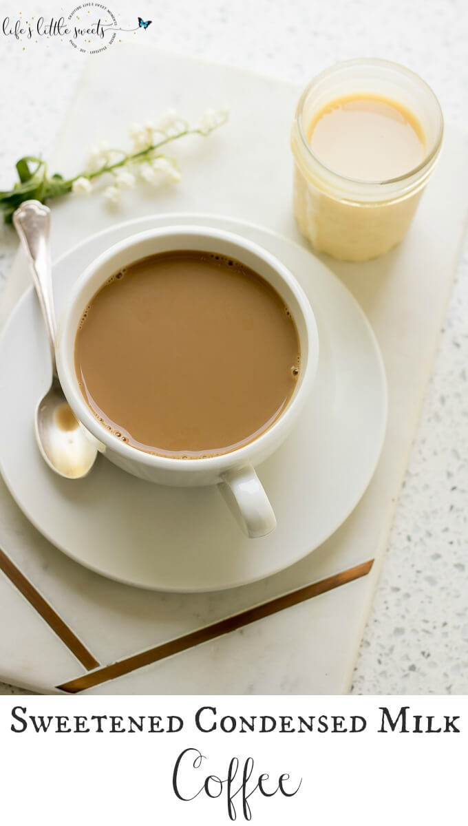 Sweetened Coffee on a white counter in a white mug