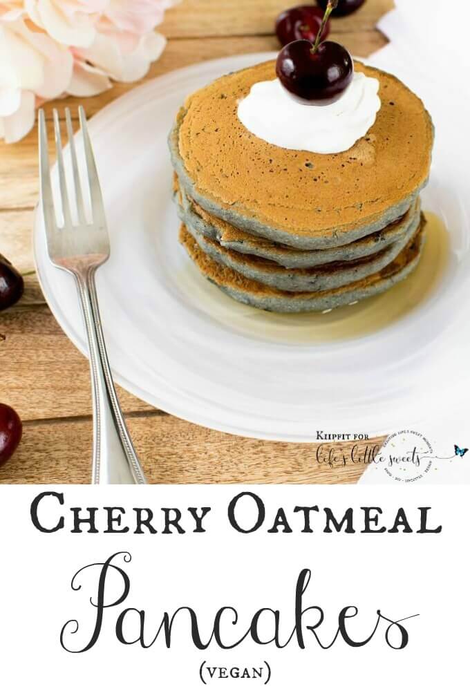 These soft, fluffy and nutritious Cherry Oatmeal Pancakes are delectable to the taste buds. These pancakes are made with real ingredients and are super easy to make. In just few minutes a mouthwatering and family friendly breakfast/brunch gets ready. These pancakes are worth devouring every bite and you would crave for more. #vegan #pancakes #cherries #oatmeal #breakfast #oatflour