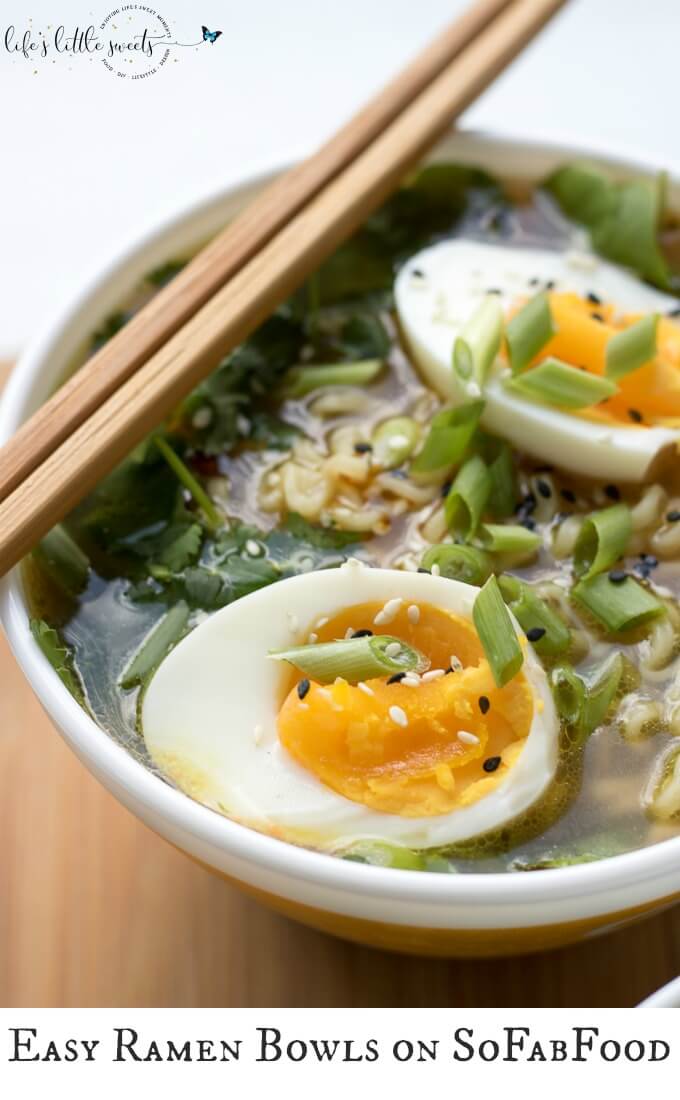 These Easy Ramen Bowls are a 15-minute meal with a savory broth made with sesame oil and low sodium soy sauce and topped with soft boiled eggs. With 5 core ingredients, there are plenty of options to further customize this dinner for two. #recipe #ramenbowls #ramen #soup #noodles