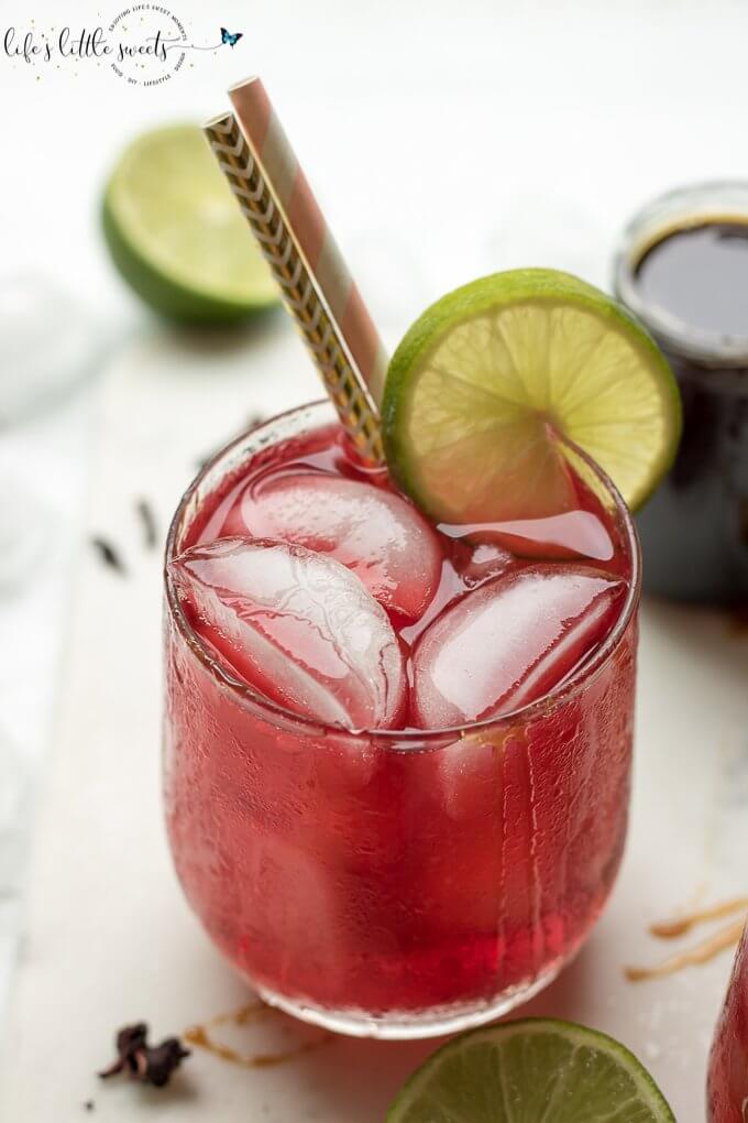 Hibiscus Tea Recipe in a clear glass with lime