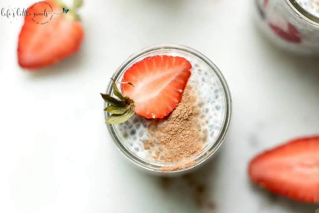 Chia Pudding with a strawberry on top (overhead view)