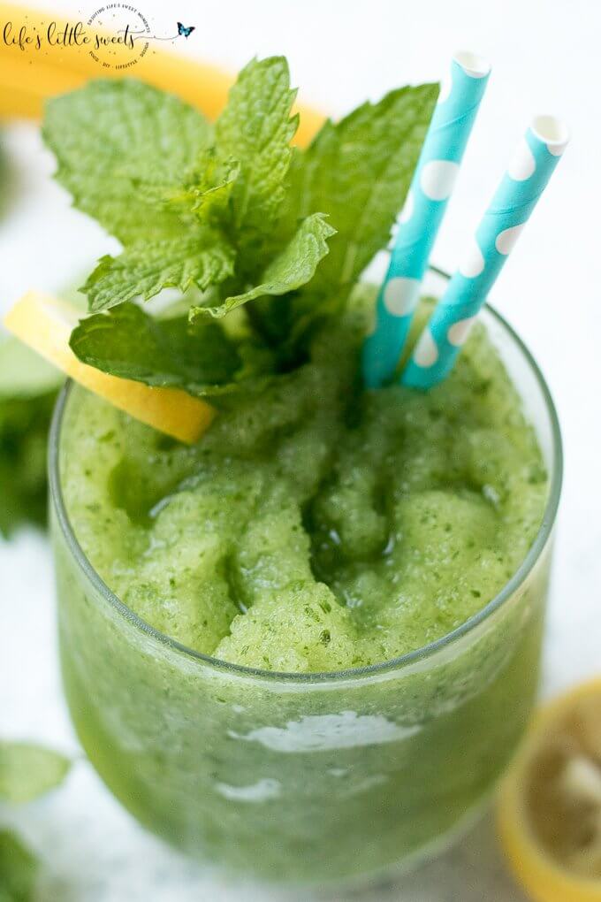 Frozen Mint Lemonade, also called Limonana (a Middle Eastern Frozen Mint Lemonade) is one of the MOST refreshing drinks of the Summer months. If it's hot and you need to cool down fast with a sweet and sour, frozen drink - this is it! (vegan, gluten free) #frozen #drink #slushie #limonana #lemonade #mint #spearmint #freshmint #Summerdrinks