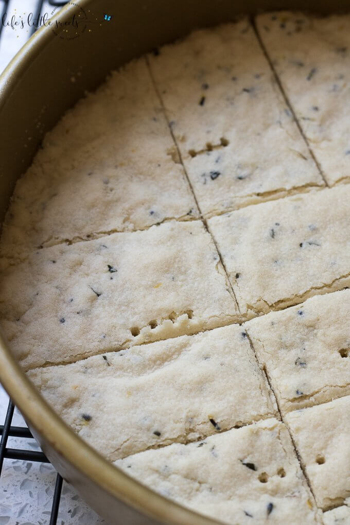 This Lavender Shortbread has fresh lavender, mint and lemon zest. Top with chopped nuts, like pecans, and dip in melted semi sweet chocolate, if you like. Welcome Summer with all it's fresh ingredients in this classic shortbread recipe. #lavender #mint #shortbread #freshlavender #lemon #lemonzest #pecans #cookies #chocolate #chocolatedipped