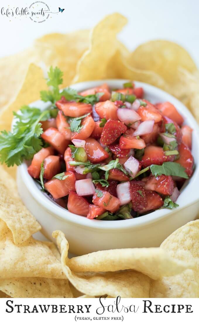 This Strawberry Salsa is naturally sweet, savory, refreshing and crisp. It has sweet ripe and fresh strawberries, a little heat from 1 jalapeño pepper, crisp red onion, with fresh cilantro and optional maple syrup. Enjoy this full-flavored, fruit salsa that has garden-fresh flavors in an incredibly simple recipe! #salsa #recipe #strawberry #maplesyrup #cilantro #redonion #appetizer #jalapeño #homemade 