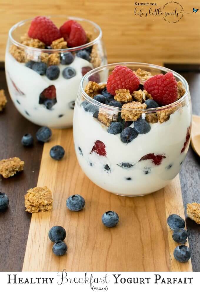 This Healthy Breakfast Yogurt Parfait is easy to whip up and uses only three ingredients to make your morning routine super easy and lip smacking. #vegan #parfait #breakfast #granola #yogurt #healthy #snack #blueberries #raspberries #berries