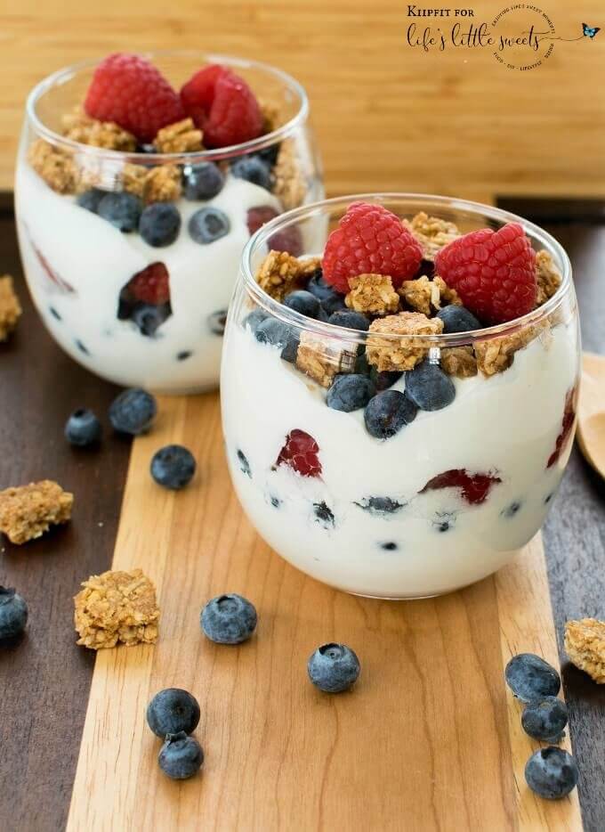 This Healthy Breakfast Yogurt Parfait is easy to whip up and uses only three ingredients to make your morning routine super easy and lip smacking. #vegan #parfait #breakfast #granola #yogurt #healthy #snack #blueberries #raspberries #berries