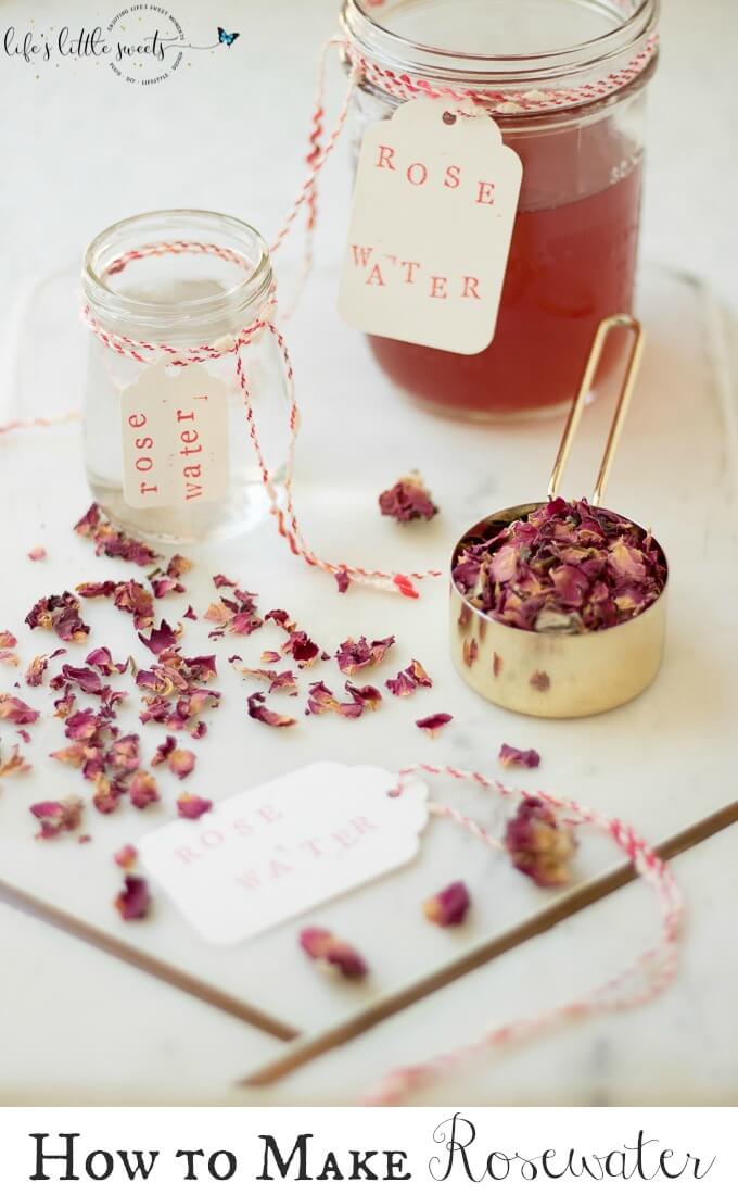 rose water in jars with labels and dried rose petals