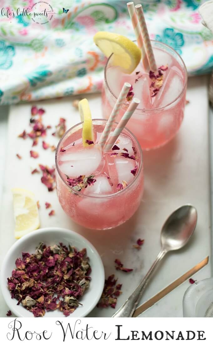 This Rosewater Lemonade is a thirst-quenching classic lemonade recipe with a fragrant and floral twist. Try this unique and beautiful lemonade for your next gathering! #rosewater #lemonade #drink #rose #roses #lemons #lemon #beverage #recipe #sweet
