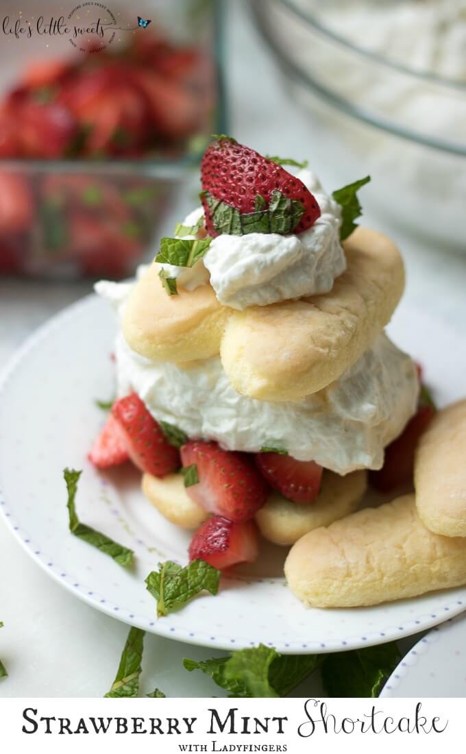 Strawberry Mint Shortcake with Ladyfingers is a no bake, easy to assemble strawberry shortcake recipe with macerated fresh mint and strawberries, homemade vanilla whipped cream and ladyfinger sponge cakes. #ladyfingers #strawberryshortcake #shortcakes #mint #ladyfingers #cake #sugar #dessert #recipe
