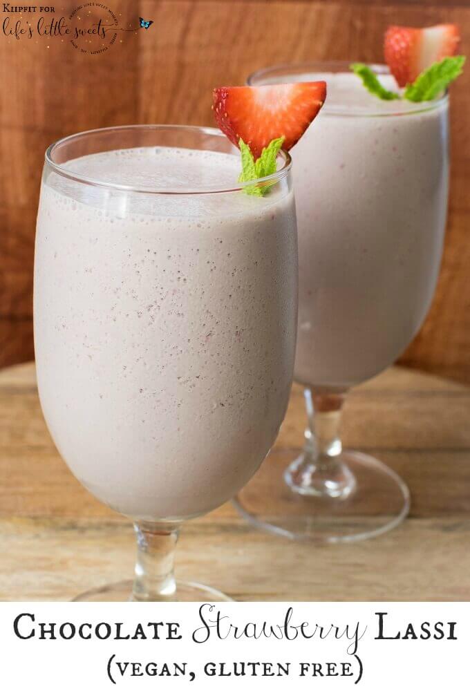 This plant based Chocolate Strawberry Lassi is a great alternate to an Indian yogurt drink. It is so hydrating along with being creamy and refreshing. #strawberry #vegan #glutenfree #lassi #chocolate #drink #mint