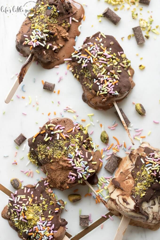 Easy Non-Dairy Ice Cream Pops can be made in minutes and are decorated with homemade chocolate shell, sprinkles and pistachios. #ad #AnIceCreamForThat #TheresAnIceCreamForThat #CollectiveBias #pops #icecream #pistachios #sprinkles #chocolate #chocolateshell #nondairy