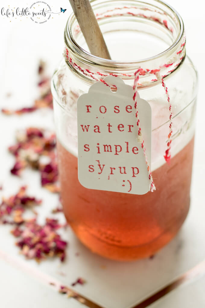 Rose Water Simple Syrup is a sweet, rose-scented syrup that you can add to mix drinks and other recipes. #rose #rosewater #simplesyrup #sugar