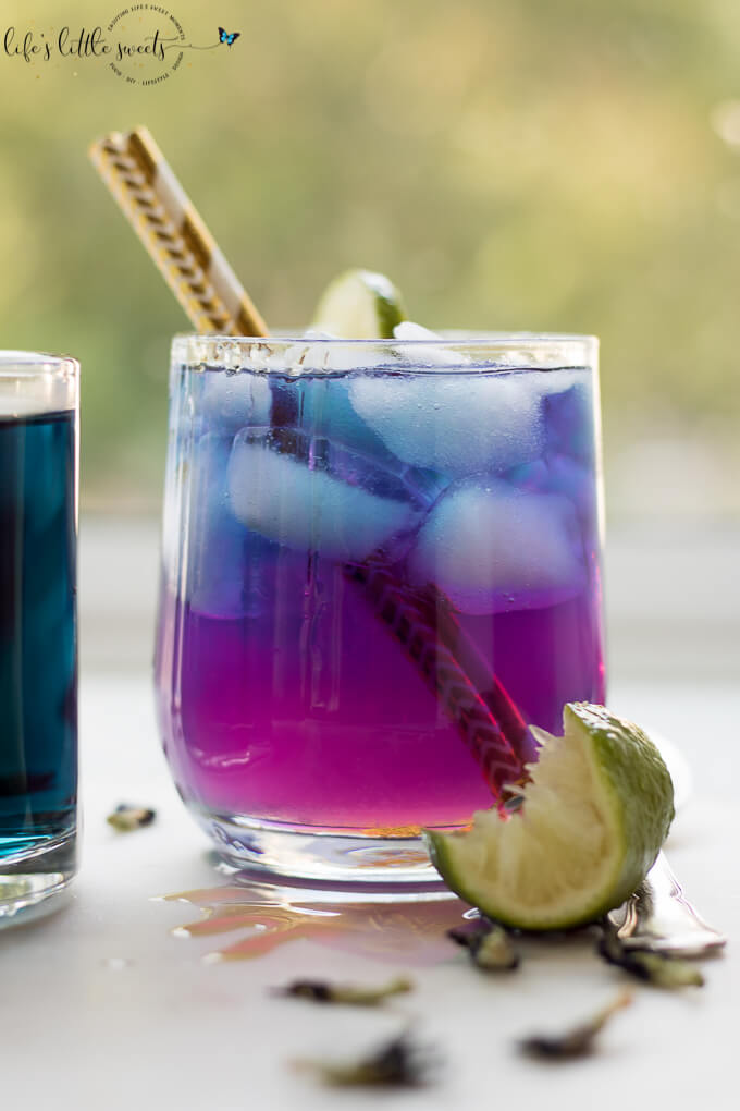 Blue Butterfly Pea Flower Tea recipe on white surface with lime