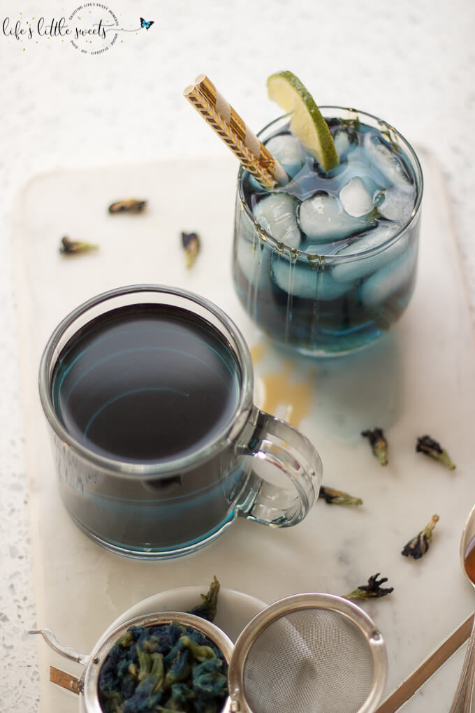 Blue Butterfly Pea Flower Tea recipe on white surface