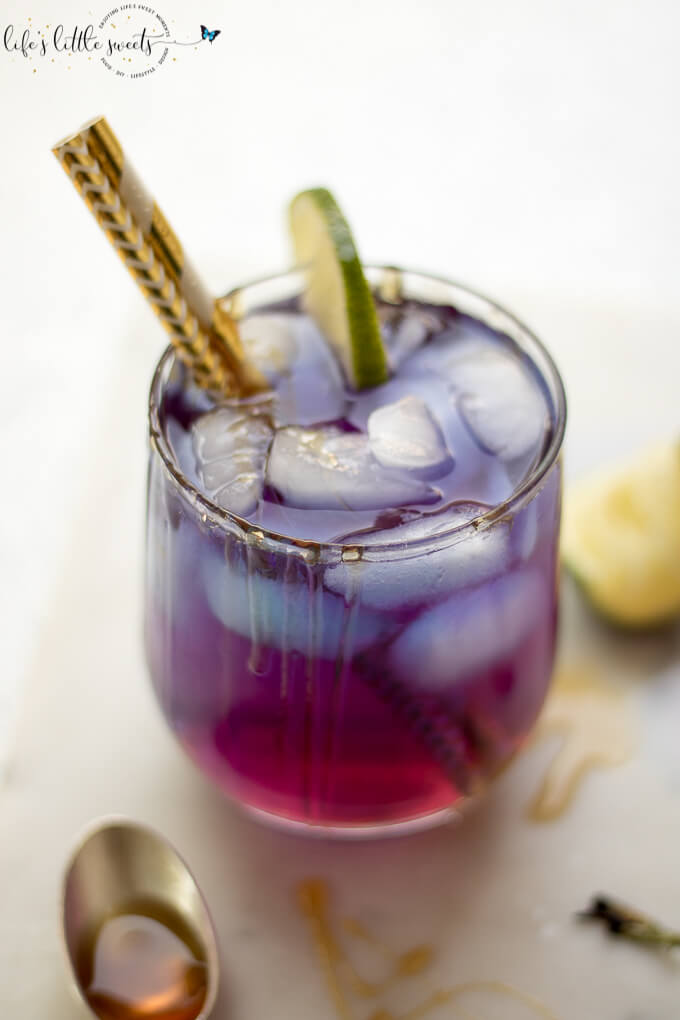 Blue Butterfly Pea Flower Tea recipe on white surface