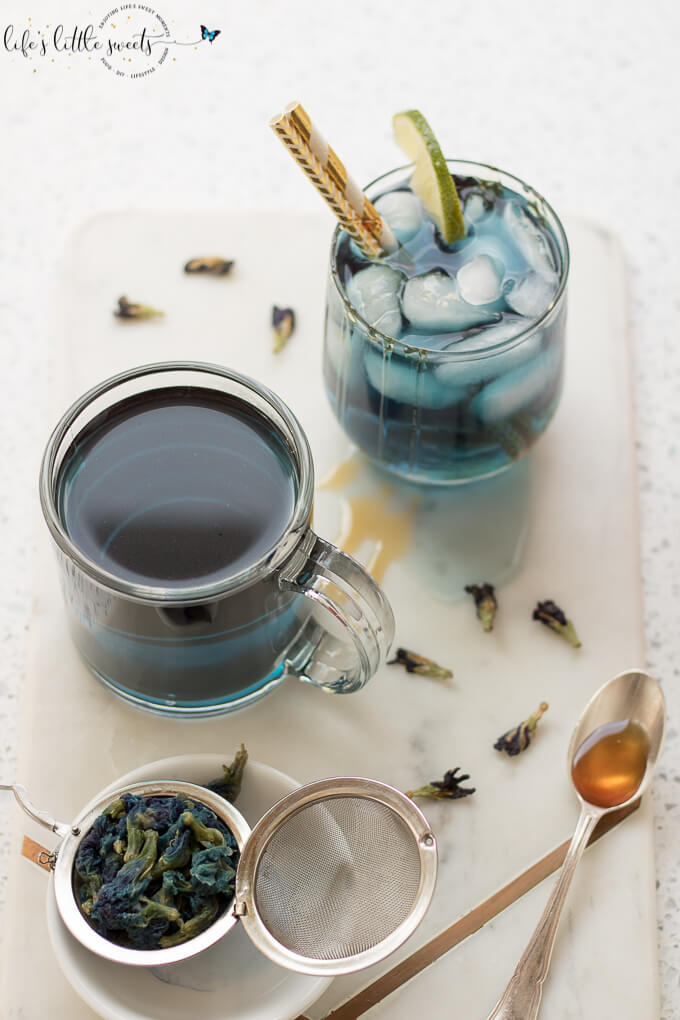 Blue Butterfly Pea Flower Tea recipe on white surface hot and cold