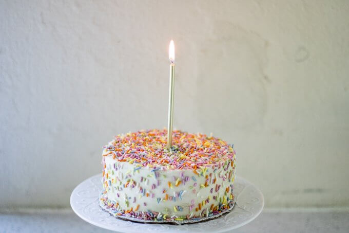 This 1st Birthday Cake recipe has 2 tiers, 5-inch diameter layers of delicious banana bread cake with a cream cheese frosting - all naturally-sweetened of course :) Top with all natural sprinkles for the cutest 1st Birthday cake ever! (gluten-free option) #cake #bananabread #1stbirthdaycake #naturallysweetened #maplesyrup #creamcheesefrosting #bananacake #birthdaycake #birthday #recipe