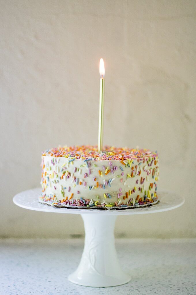 This 1st Birthday Cake recipe has 2 tiers, 5-inch diameter layers of delicious banana bread cake with a cream cheese frosting - all naturally-sweetened of course :) Top with all natural sprinkles for the cutest 1st Birthday cake ever! (gluten-free option) #cake #bananabread #1stbirthdaycake #naturallysweetened #maplesyrup #creamcheesefrosting #bananacake #birthdaycake #birthday #recipe
