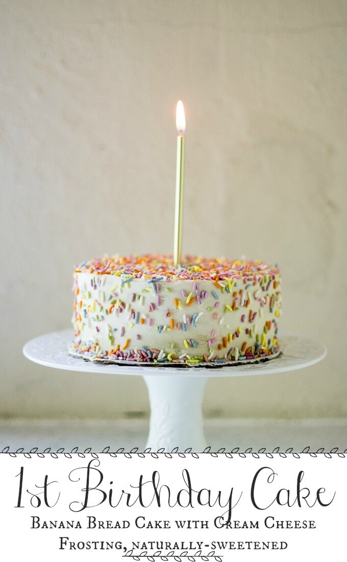 This 1st Birthday Cake recipe has 2 tiers, 5-inch diameter layers of delicious banana bread cake with a cream cheese frosting - all naturally-sweetened of course :) Top with all natural sprinkles for the cutest 1st Birthday cake ever! (gluten-free option) #cake #bananabread #1stbirthdaycake #naturallysweetened #maplesyrup #creamcheesefrosting #bananacake #birthdaycake #birthday #recipe