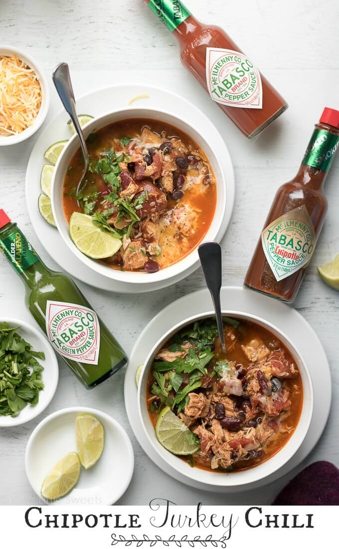Chipotle Turkey Chili is savory, flavorful and so perfectly warming on a cold, Winter day. You can use up leftover turkey meat or substitute the same amount lean ground turkey. This recipe uses flavorful and smokey, TABASCO® Chipotle Pepper Sauce. #ad #FlavorYourWorld #CollectiveBias @TABASCO #chili #recipe #Chipotle #Tabasco 