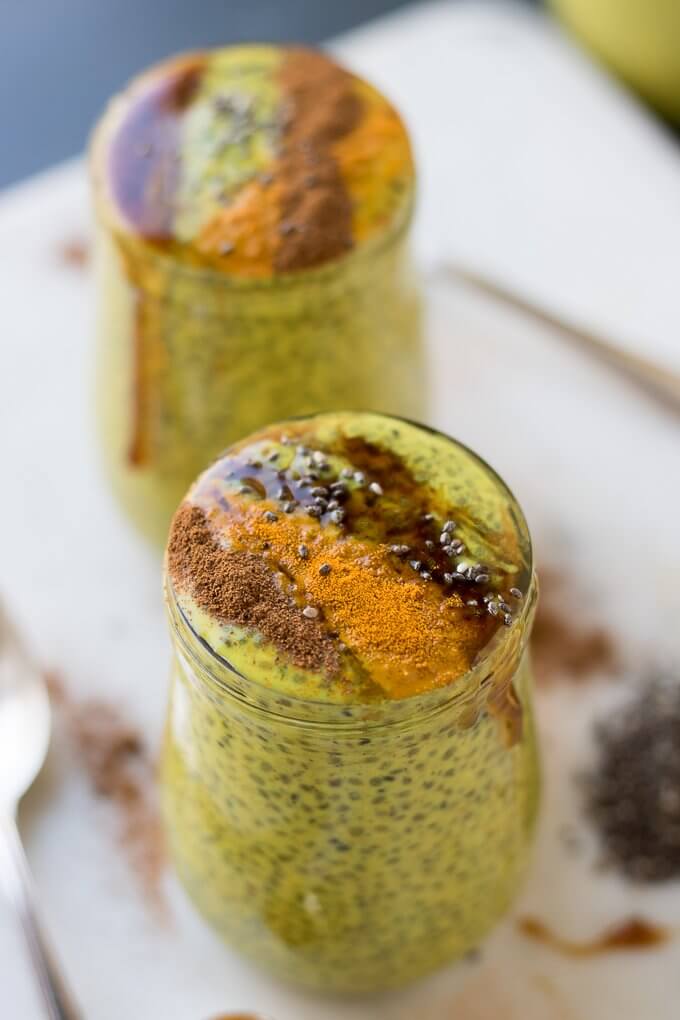 Chrysanthemum Golden Milk Chia Pudding has turmeric, cinnamon, fresh ginger and is infused with dried chrysanthemum flowers. It's a comforting, spiced take on chia pudding and goes great with a drizzle of honey or maple syrup on top! #chiapudding #breakfast #goldenmilk #Chrysanthemum
