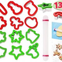 13 Pieces Stainless Steel Christmas Cookie Cutters with Comfort Grip 3.5í plus a Rolling Pin for Large Holiday Cookies, Snowflake Cookies, Gingerbread Man Cookies, Christmas Party and Baking Gift