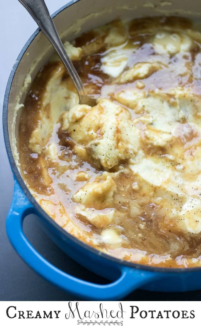 These Creamy Traditional Mashed Potatoes are rich, smooth and delicious topped with butter and optional gravy. They make a terrific holiday side dish or for whenever you crave a solid mashed potatoes recipe! #mashedpotatoes #recipe #YukonGold #potatoes #creamy #traditional #butter