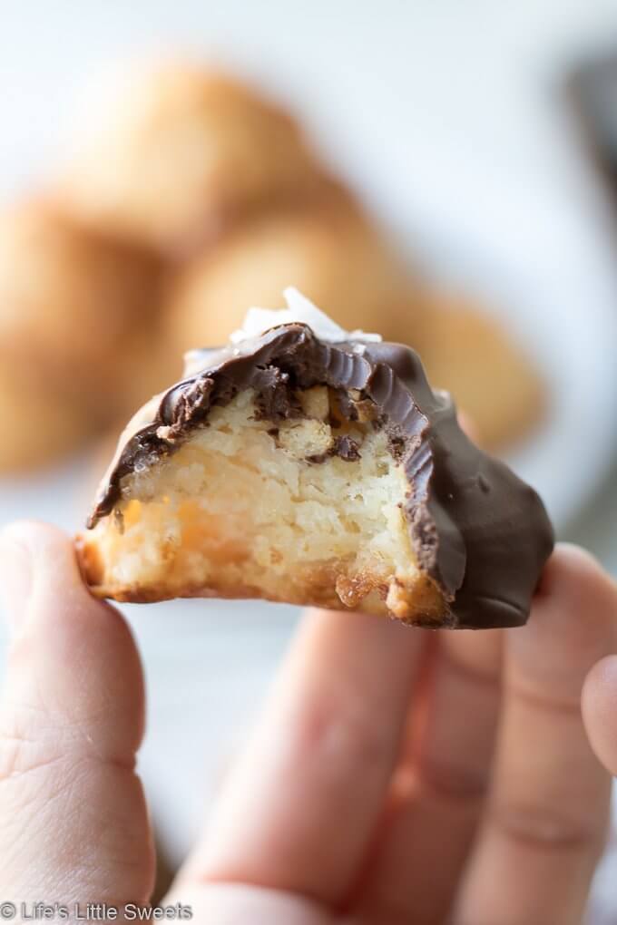 This is classic Coconut Macaroons cookie recipe has the option to be dipped in dark chocolate and sprinkled with sea salt crystals.  #coconutmacaroons #coconut #darkchocolate #cookies #seasalt #sweetenedcondensedmilk #sweetenedcoconutflakes 