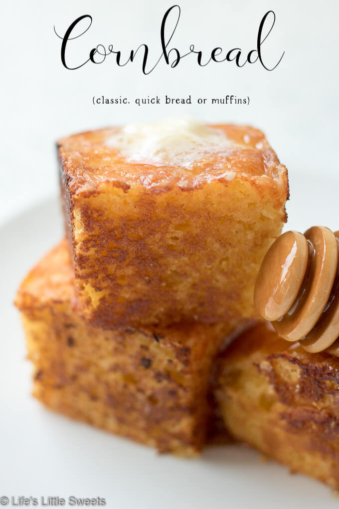 This Cornbread recipe is a classic, fluffy cornbread recipe that tastes great topped with butter and honey. This recipe is also perfect for making Cornbread Muffins. #cornbread #cornmuffins #cornmeal #quickbread #bread